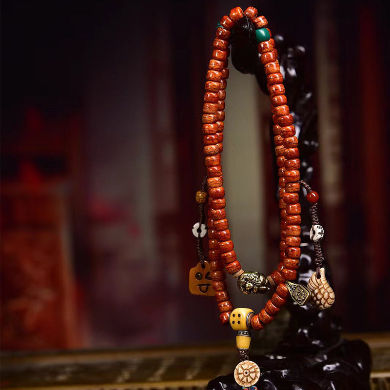 Vintage Oriental Multi-Charm Camel Bone 108 Mala Bead Bracelet | Antique Multi-Layer Tassel Unisex Ethnic Worry Necklace