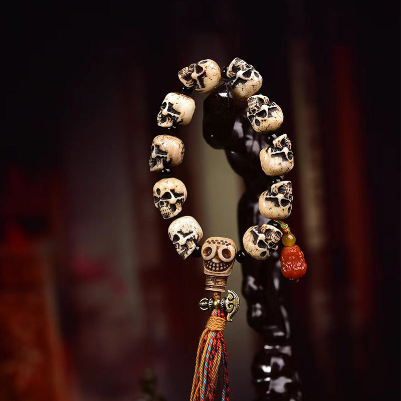 Vintage Hand Carved Camel Bone Skull Bead Bracelet | Ethnic Retro Tassel Unisex Worry Bead Jewelry