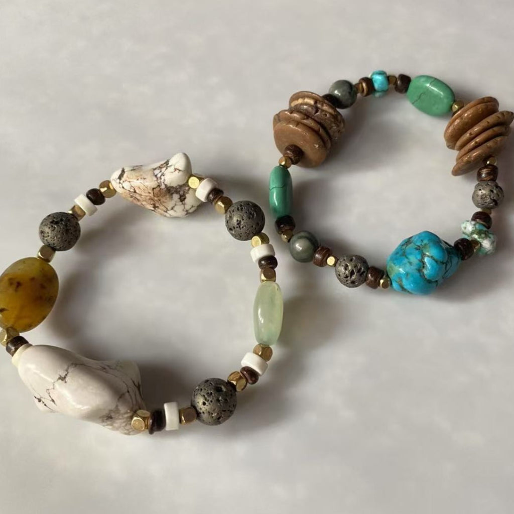 Boho Irregular Natural Mixed Gemstone Beaded Bracelet | 2 Styles Turquoise & White Howlite Unisex Vintage Stone Wrist Jewelry