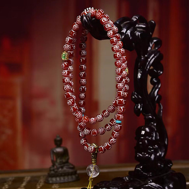Vintage Oriental Carved Red Agate 108 Mala Bead Bracelet | 8mm Barrel Crystal Pendant Unisex Ethnic Layering Necklace