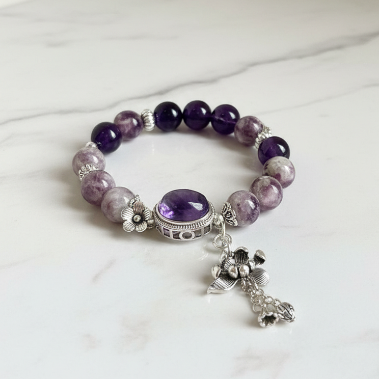 Dansenmonk Vintage Amethyst Lepidolite Bracelet Natural Purple Crystal Nine Purple Fire Luck Healing Beaded Bracelet with Antique Copper Charms Calming Spiritual Gift for Women