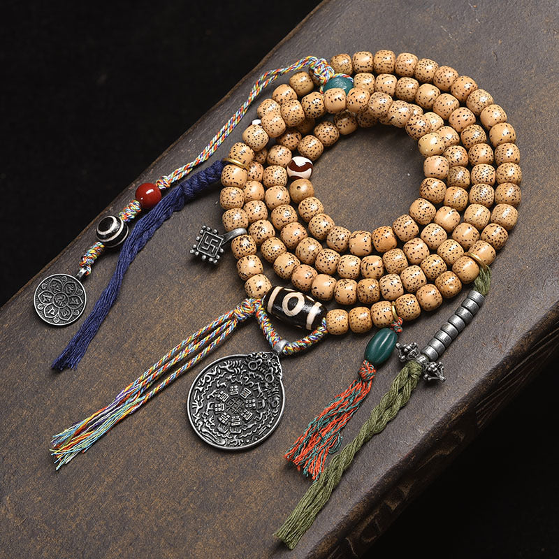 Dansenmonk Tibetan Butter Yellow Star Moon Bodhi 108 Mala | Ethnic Prayer Bead Necklace Bracelet