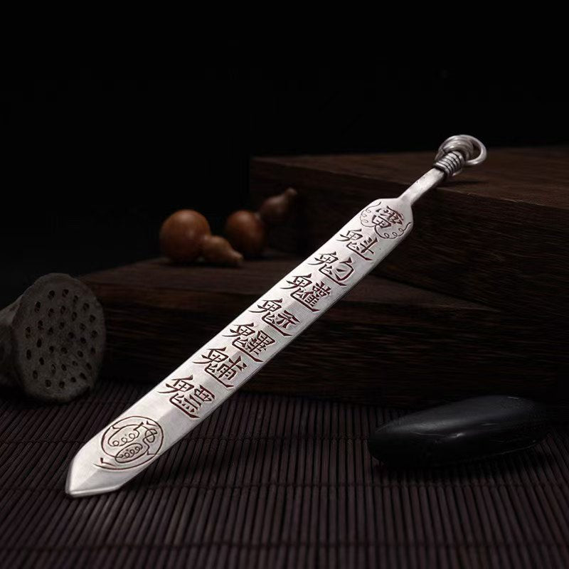Taoist Talisman Sword Pendant | White Copper Vintage Protection Amulet (Dual-Use Tea Knife)