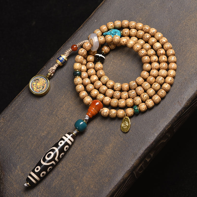 Dansenmonk Tibetan Butter Yellow Star Moon Bodhi 108 Mala | Ethnic Prayer Bead Necklace Bracelet