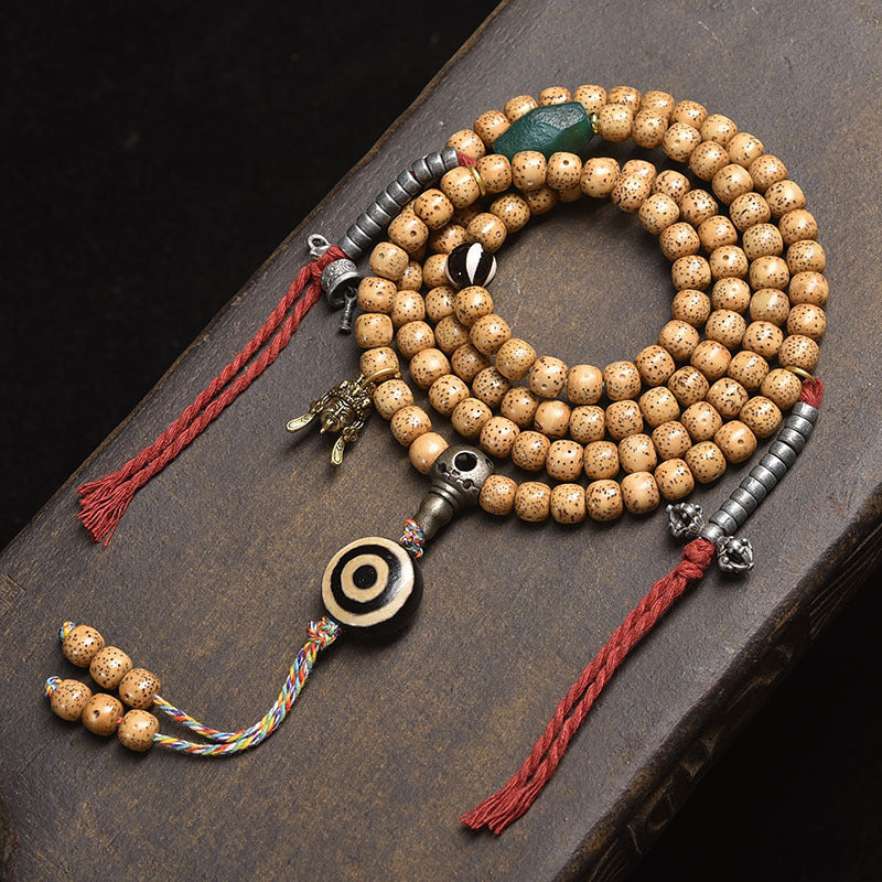 Dansenmonk Tibetan Butter Yellow Star Moon Bodhi 108 Mala | Ethnic Prayer Bead Necklace Bracelet