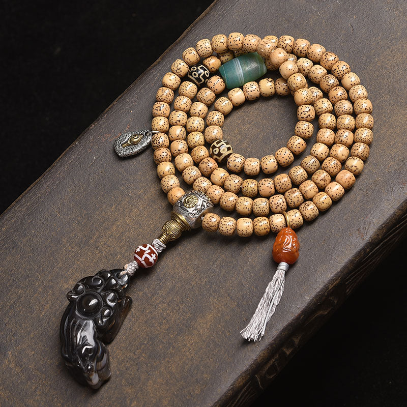Dansenmonk Tibetan Butter Yellow Star Moon Bodhi 108 Mala | Ethnic Prayer Bead Necklace Bracelet