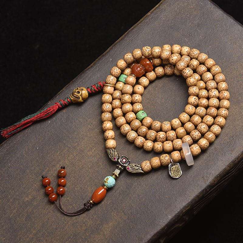 Dansenmonk Tibetan Butter Yellow Star Moon Bodhi 108 Mala | Ethnic Prayer Bead Necklace Bracelet