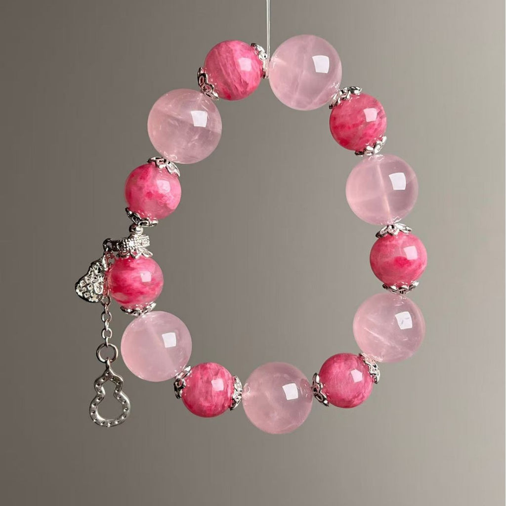 Natural rose quartz bracelet with pink 11-14mm beads and silver gourd charm