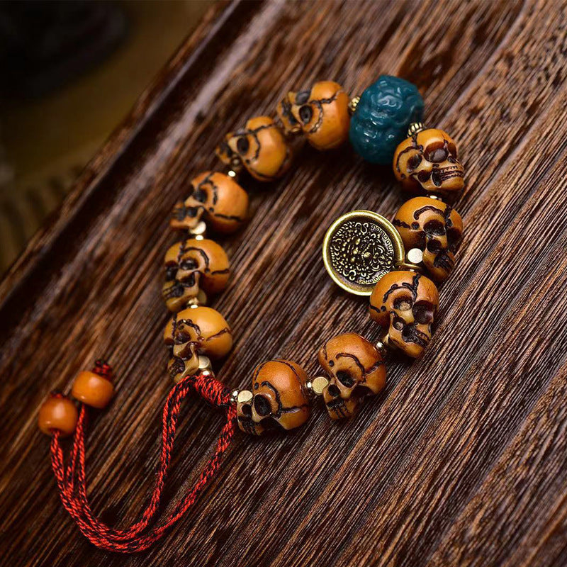 Tibetan Camel Bone Skull Mala Bracelet | Hand Carved Citipati Skeleton Beads, Vintage Ritual Bone Prayer Bracelet 15mm