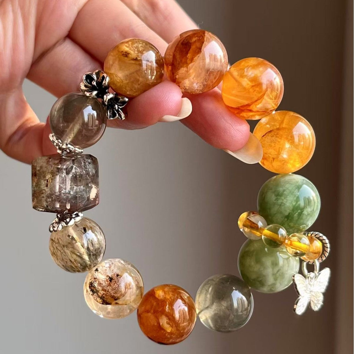 Dansenmonk 16mm Large Grain Natural Yellow Hematoid Phantom Crystal Bracelet Wealth Guardian Energy Stone For Taurus Capricorn Aries Women Luxury Wrist Jewelry