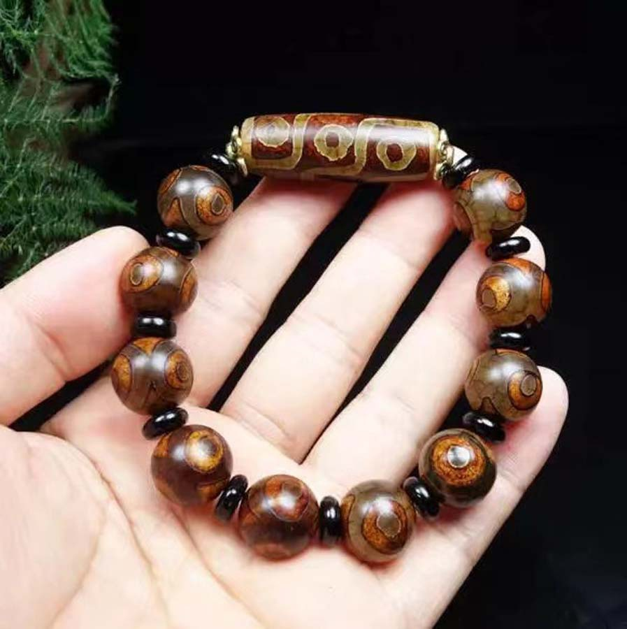 Vintage Tibetan Three-Eye Dzi Agate Bracelet | Antique Pattern Natural Agate Unisex Ethnic Worry Bead Jewelry