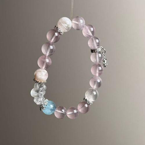 Natural Rose Quartz Bracelet with Aquamarine & Snow Phantom Crystal - Front View