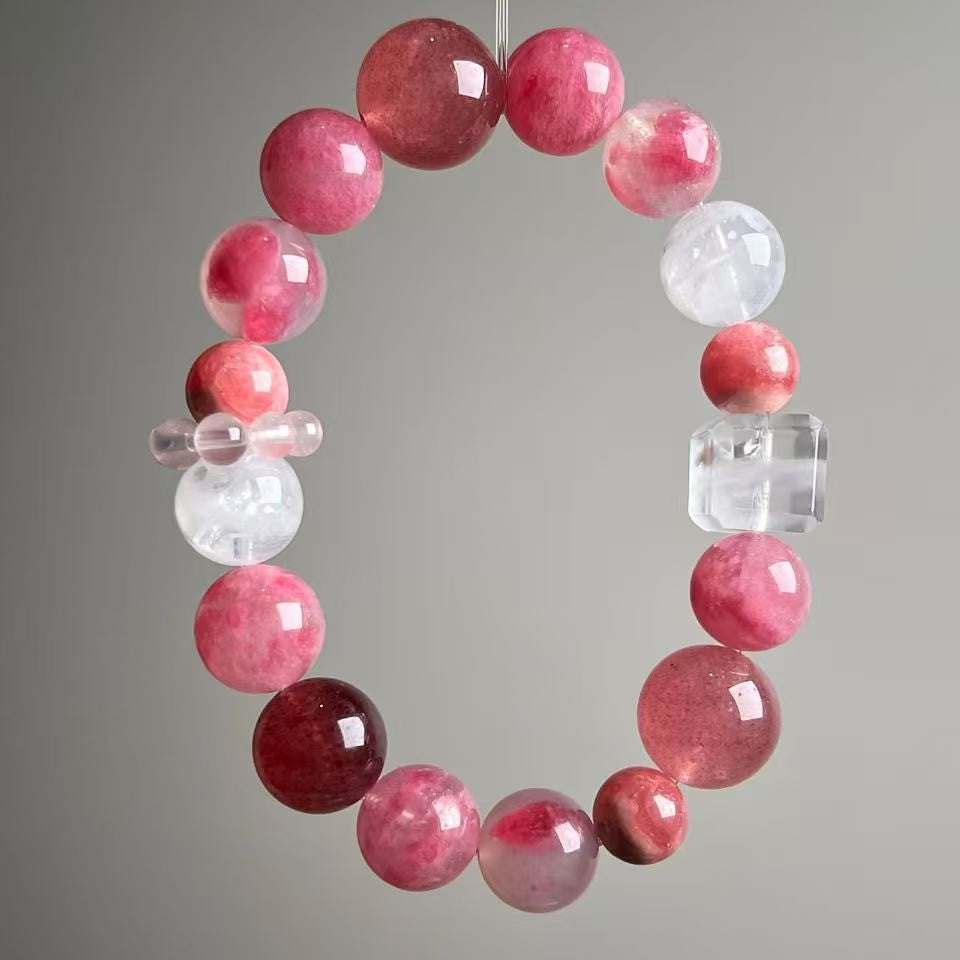 Dansenmonk Natural Rhodochrosite Crystal Bracelet 9–12mm Beads with Phantom Quartz Cube