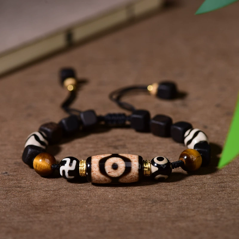 Adjustable Cord Vintage Tibetan Dzi Agate Bracelet | Multi-Pattern Natural Agate & Ebony Wood Unisex Ethnic Wrist Jewelry