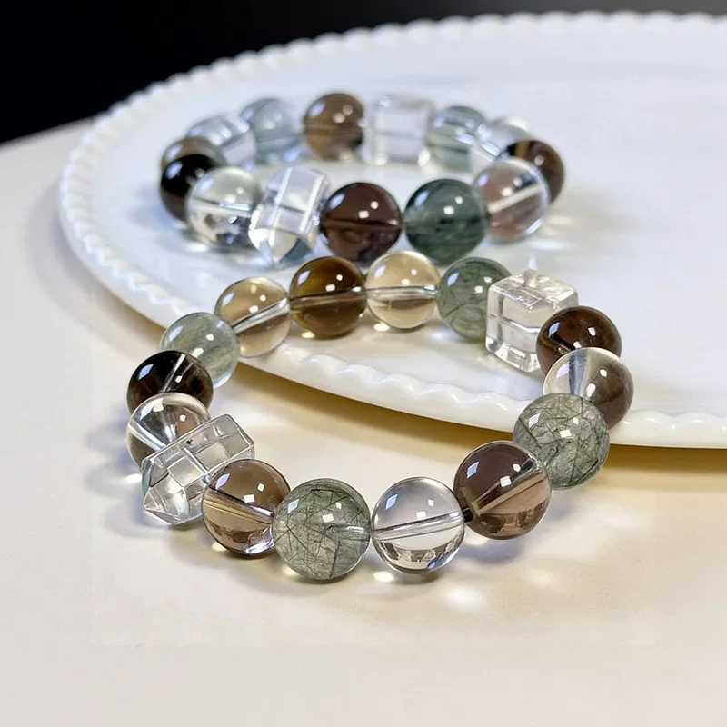 Dansenmonk Natural Harmony 12mm Mixed Crystal Bracelet  Green Rutilated Smoky  Clear Quartz Healing Bracelet for Men Women Wealth Energy Jewelry Gift