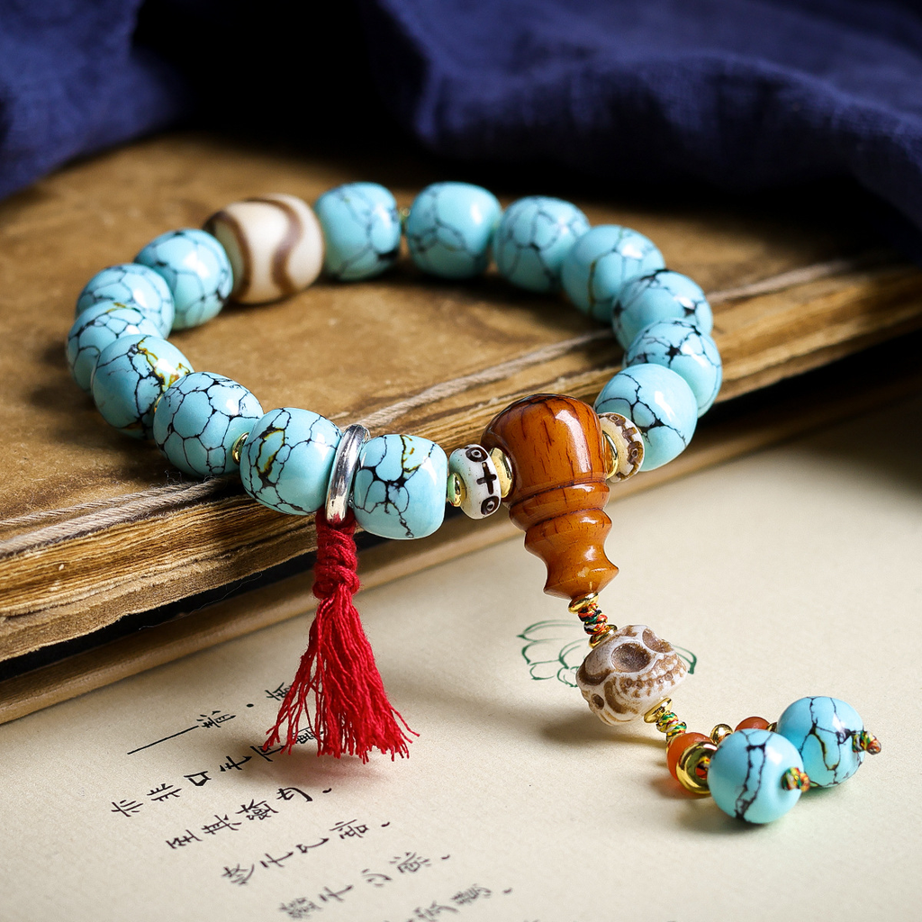 Vintage Tibetan Turquoise-Look Barrel Bead Bracelet | Dzi Agate & Skull Charm Tassel Unisex Ethnic Worry Bead Jewelry