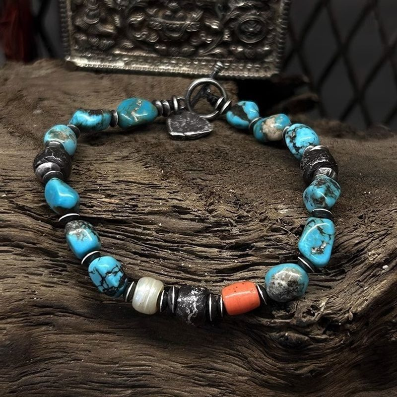 Vintage Natural Freeform Turquoise Multi-Bead Bracelet | Antique Sterling Silver OT Clasp Boho Ethnic Unisex Worry Jewelry