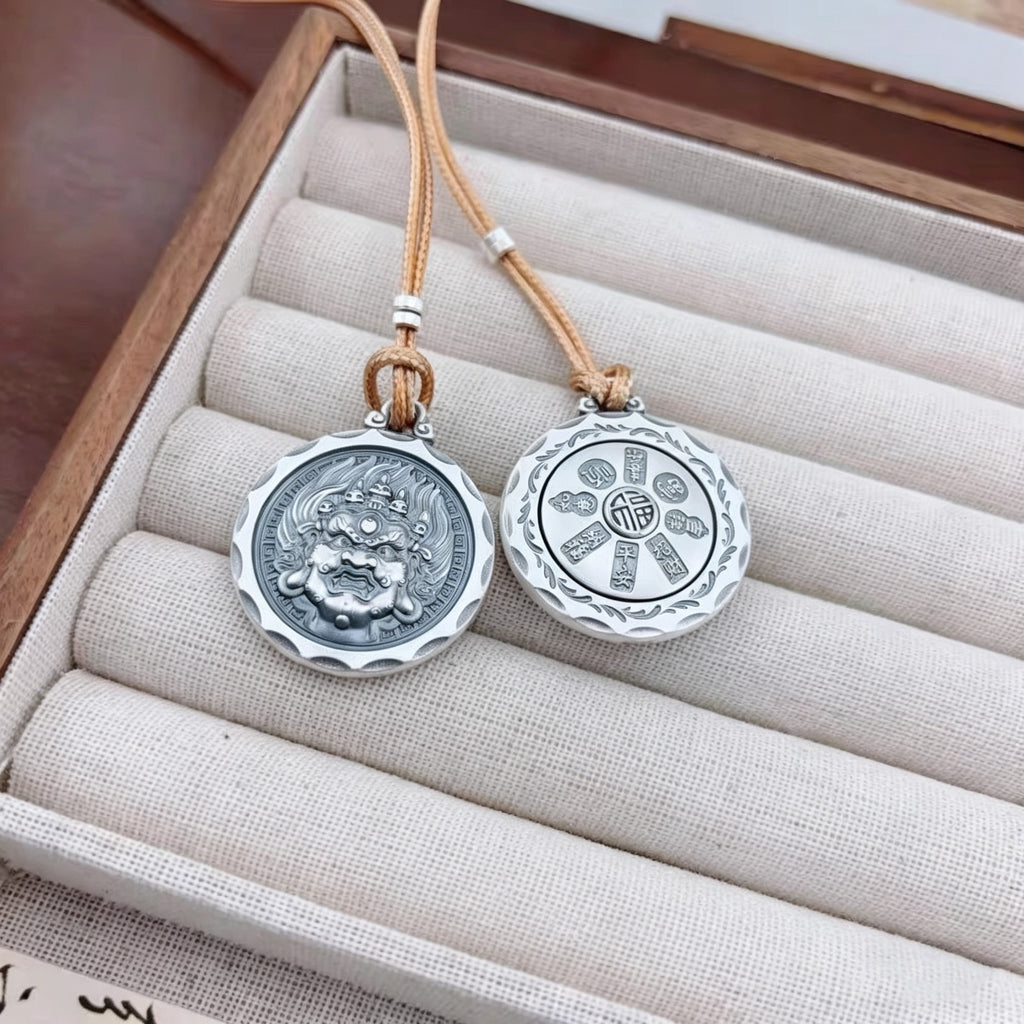 Tibetan Black Wealth God Rotating Mantra Pendant | Antique Silver Protection Amulet Necklace