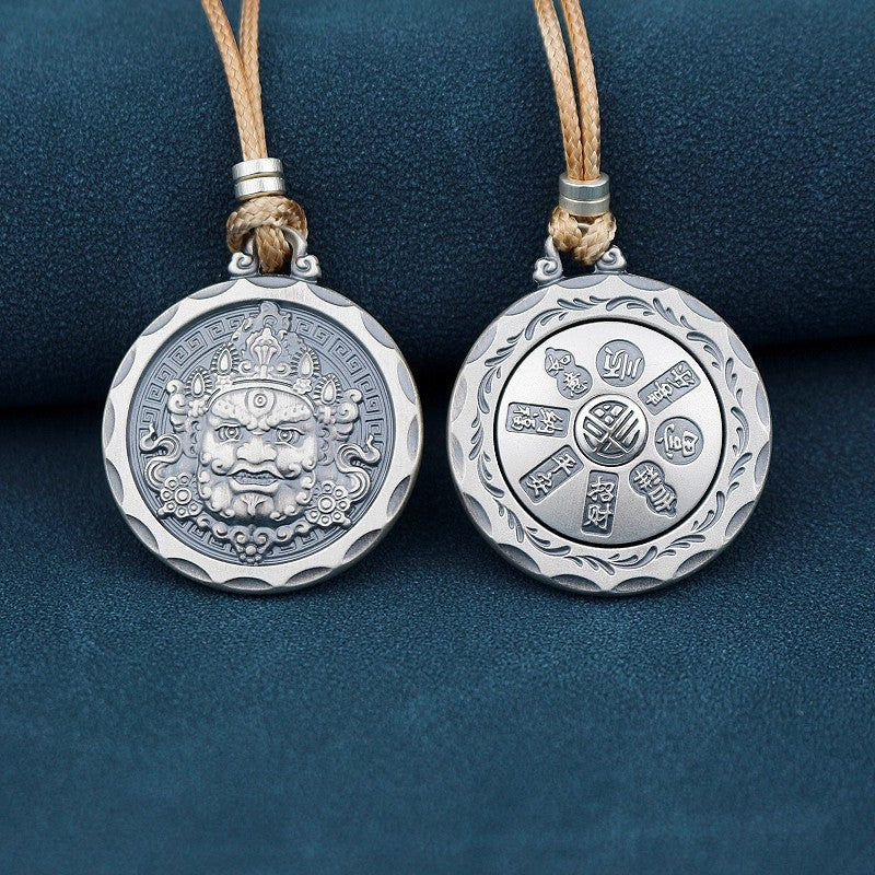 Tibetan Yellow Jambhala Rotating Mantra Pendant | Antiqued Silver-Plated Copper Wealth Amulet Necklace