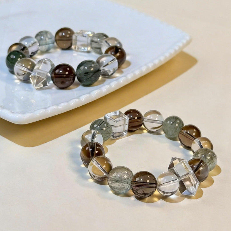 Natural Harmony 12mm Mixed Crystal Bracelet | Green Rutilated, Smoky & Clear Quartz Healing Bracelet for Men Women, Wealth Energy Jewelry Gift