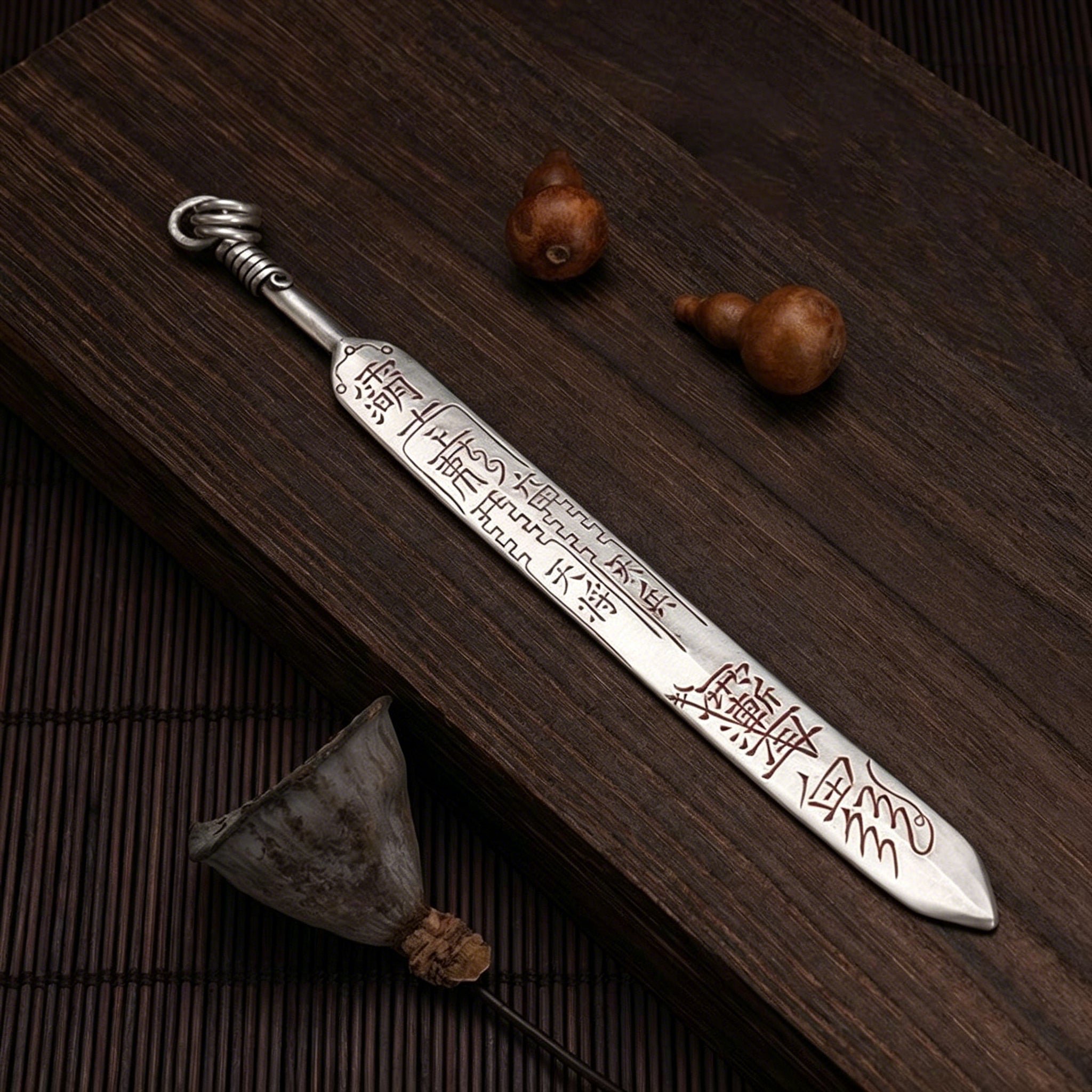 Taoist Talisman Sword Pendant | White Copper Vintage Protection Amulet (Dual-Use Tea Knife)