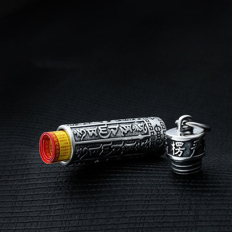 Leng Yan Mantra Openable Cylinder Pendant | Tibetan Silver Protection Amulet Necklace with Prayer Scroll