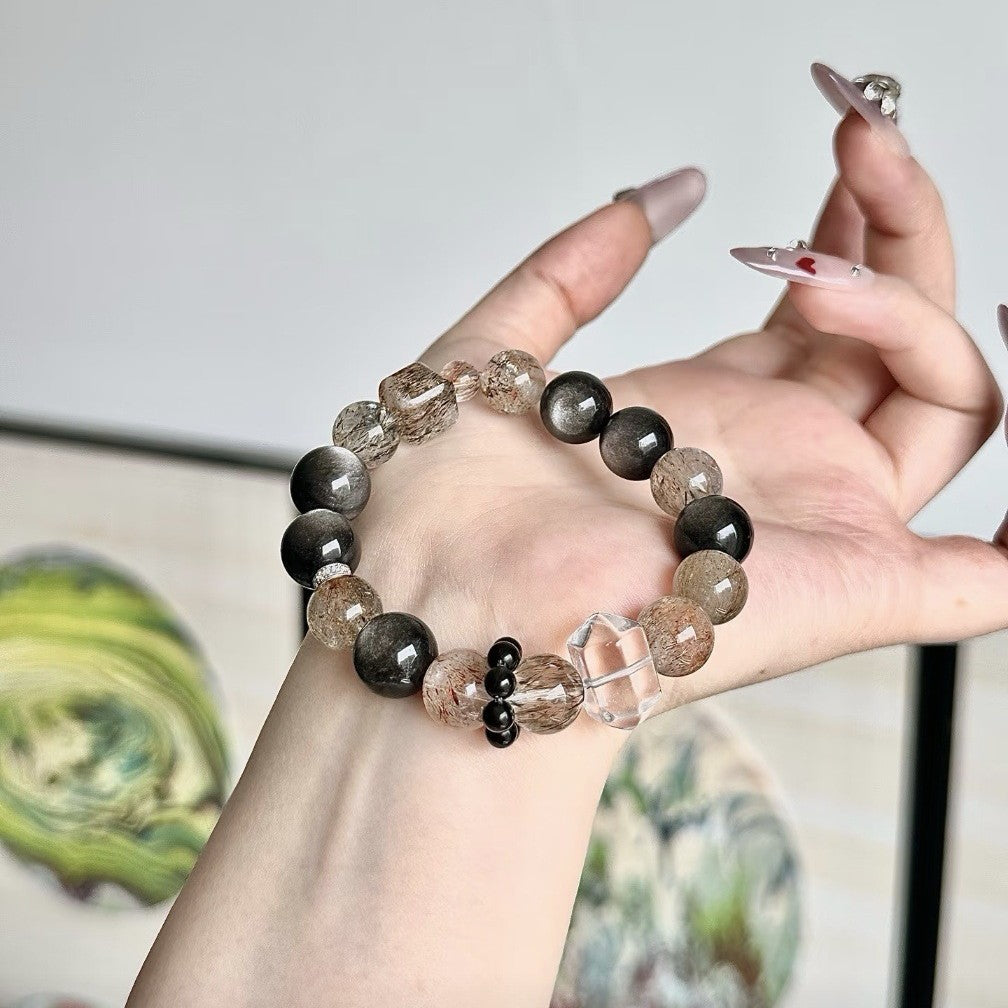 Dansenmonk Natural Black Phantom Crystal Bracelet Guardian Energy Stone for Scorpio Capricorn Career Wealth Healing Wrist Beads