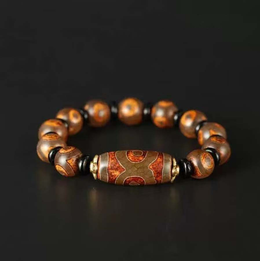 Vintage Tibetan Three-Eye Dzi Agate Bracelet | Antique Pattern Natural Agate Unisex Ethnic Worry Bead Jewelry
