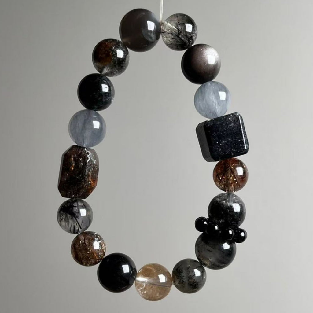 Natural black rutilated Super Seven bracelet with 11mm mixed dark crystal beads and square accent