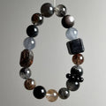 Natural black rutilated Super Seven bracelet with 11mm mixed dark crystal beads and square accent