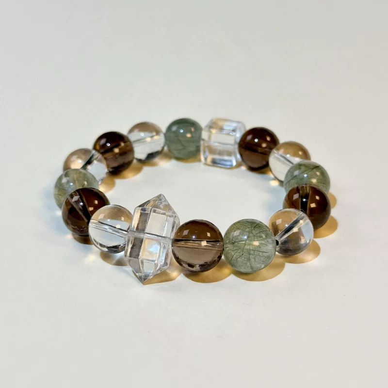 Dansenmonk Natural Harmony 12mm Mixed Crystal Bracelet  Green Rutilated Smoky  Clear Quartz Healing Bracelet for Men Women Wealth Energy Jewelry Gift
