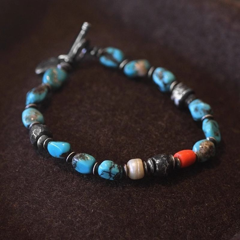 Vintage Natural Freeform Turquoise Multi-Bead Bracelet | Antique Sterling Silver OT Clasp Boho Ethnic Unisex Worry Jewelry