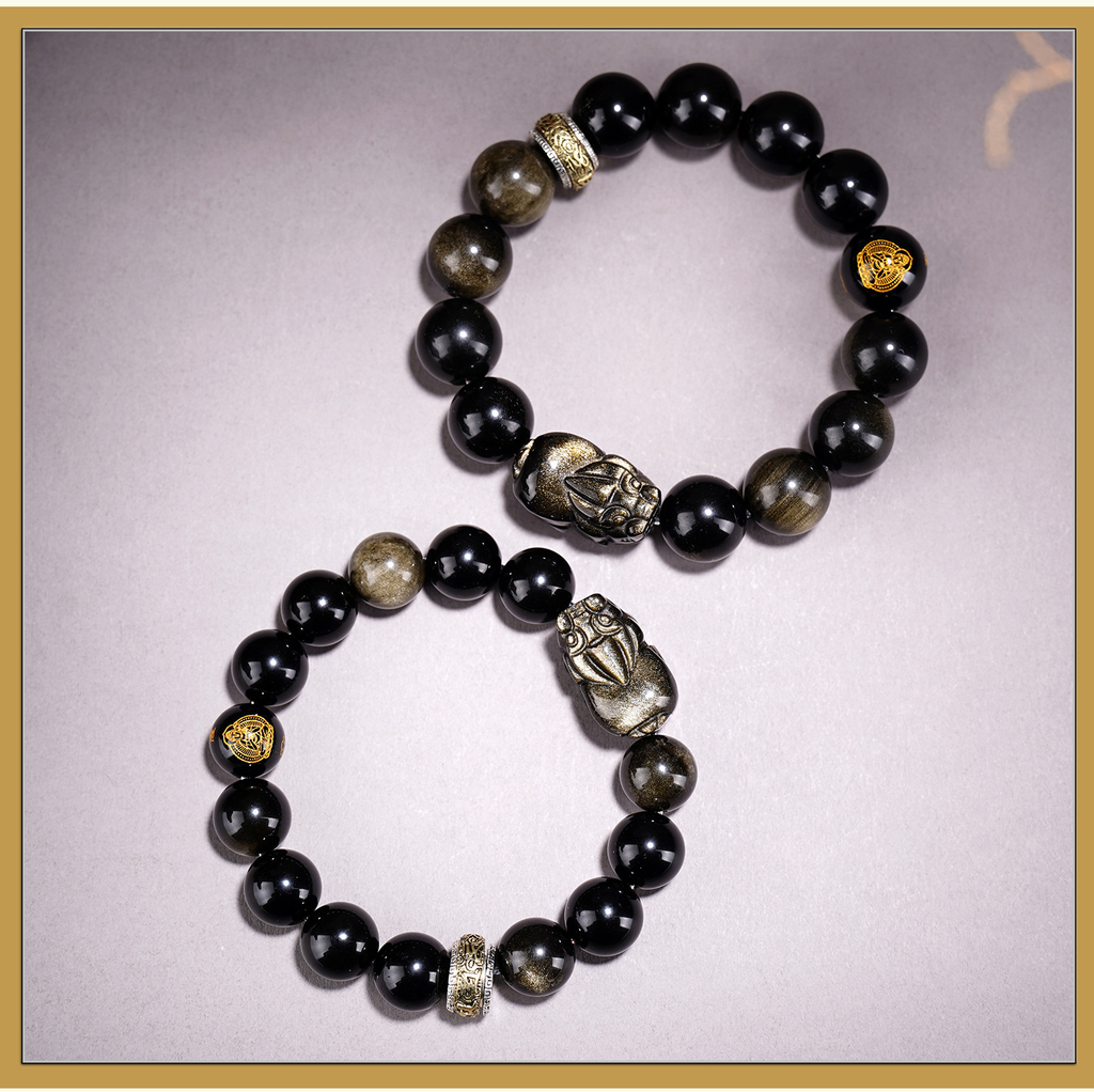 Natural Golden Obsidian Pixiu & Zodiac Buddha Bracelet | Men Women Round Bead Healing Crystal Worry Jewelry