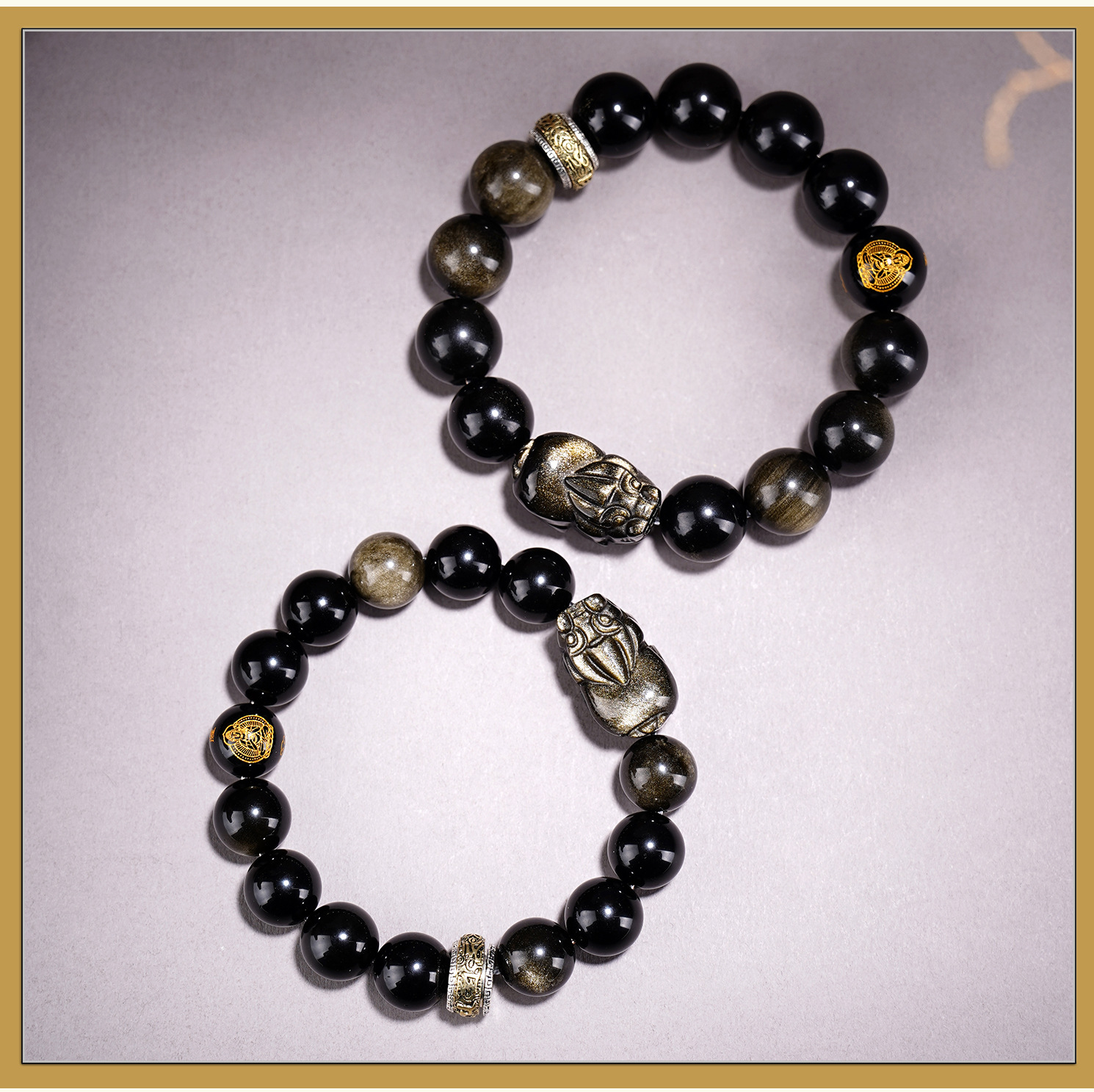 Natural Golden Obsidian Pixiu & Zodiac Buddha Bracelet | Men Women Round Bead Healing Crystal Worry Jewelry