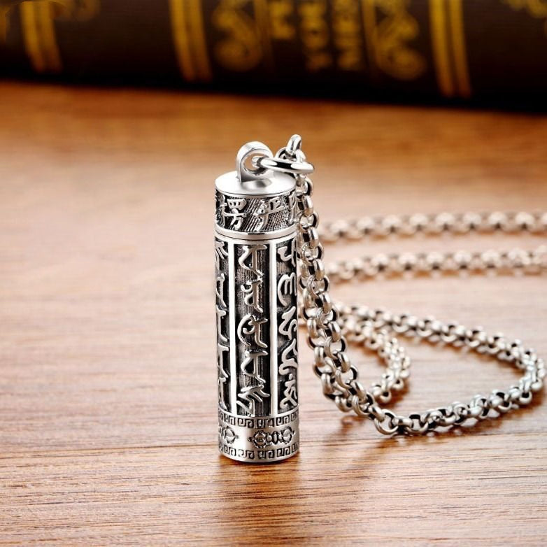 Leng Yan Mantra Openable Cylinder Pendant | Tibetan Silver Protection Amulet Necklace with Prayer Scroll