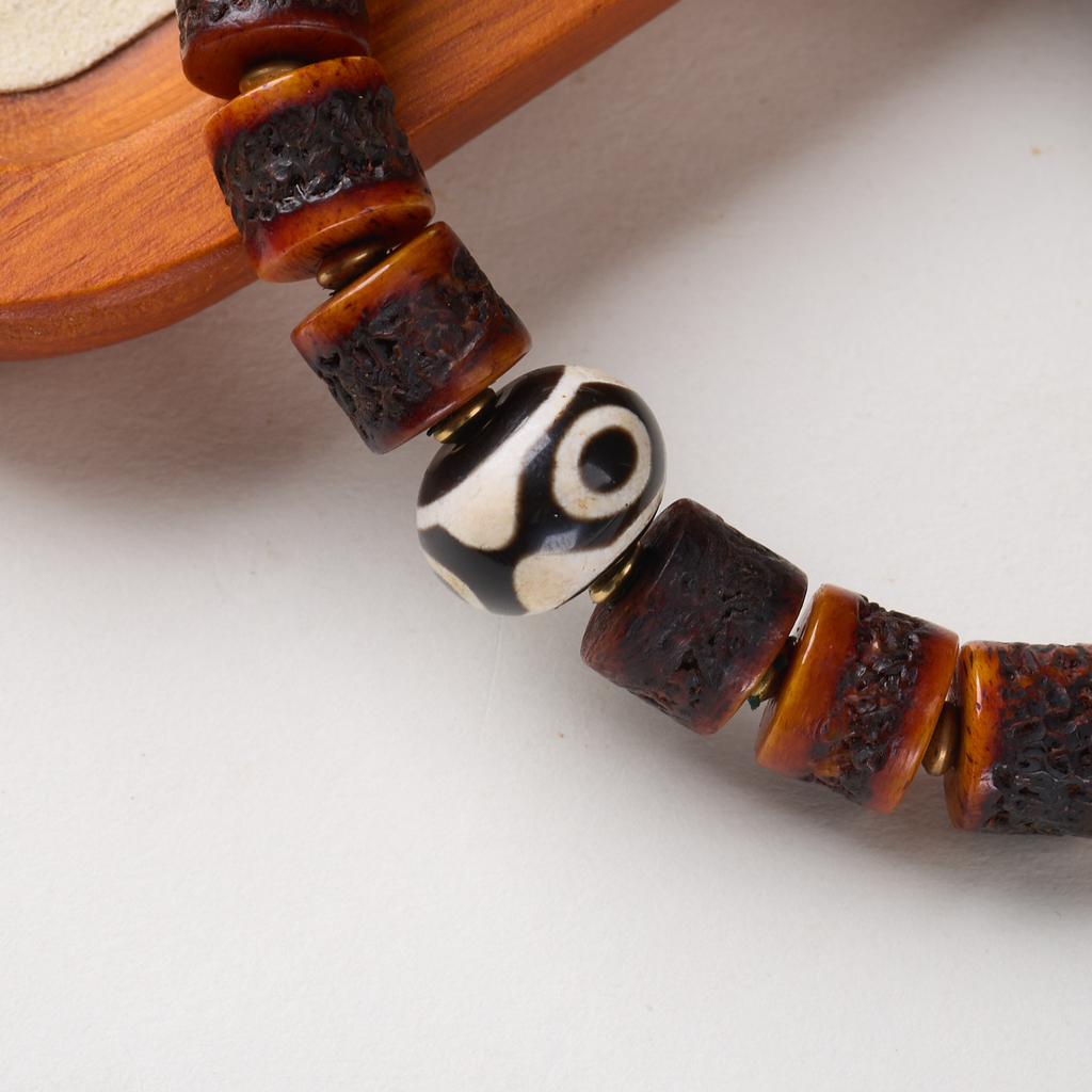 Vintage Tibetan Multi-Gem Ox Bone Dzi Bracelet | Antique Dzi Agate & Vajra Pendant Adjustable Tassel Unisex Ethnic Bead Jewelry
