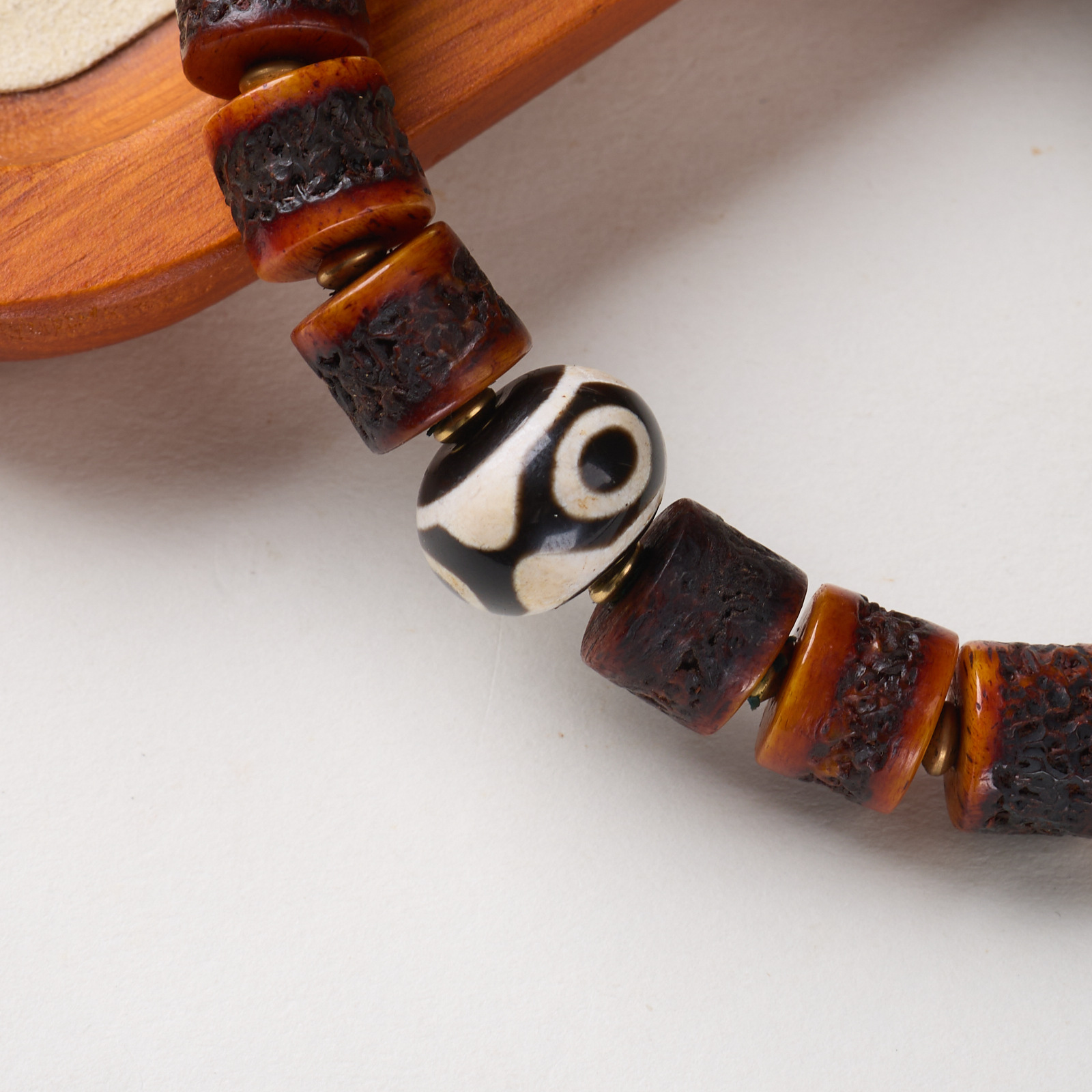 Vintage Tibetan Multi-Gem Ox Bone Dzi Bracelet | Antique Dzi Agate & Vajra Pendant Adjustable Tassel Unisex Ethnic Bead Jewelry
