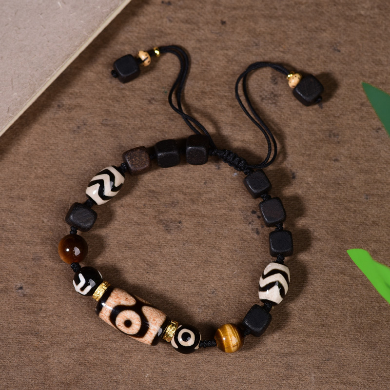 Adjustable Cord Vintage Tibetan Dzi Agate Bracelet | Multi-Pattern Natural Agate & Ebony Wood Unisex Ethnic Wrist Jewelry