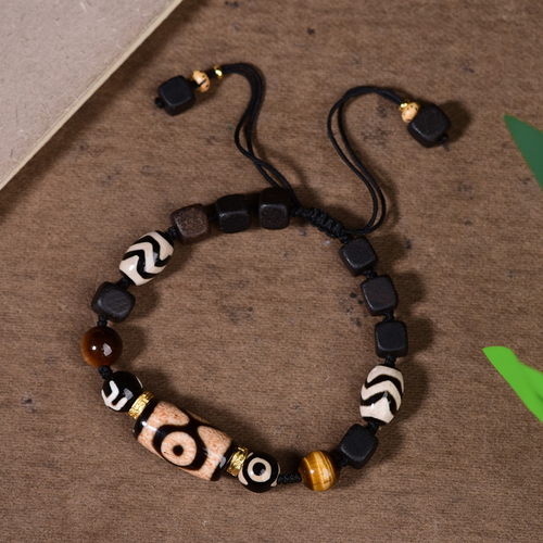 Adjustable Cord Vintage Tibetan Dzi Agate Bracelet | Multi-Pattern Natural Agate & Ebony Wood Unisex Ethnic Wrist Jewelry