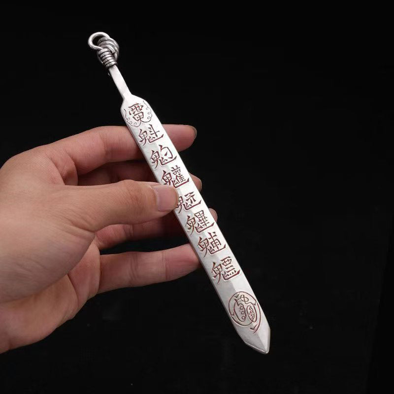 Taoist Talisman Sword Pendant | White Copper Vintage Protection Amulet (Dual-Use Tea Knife)