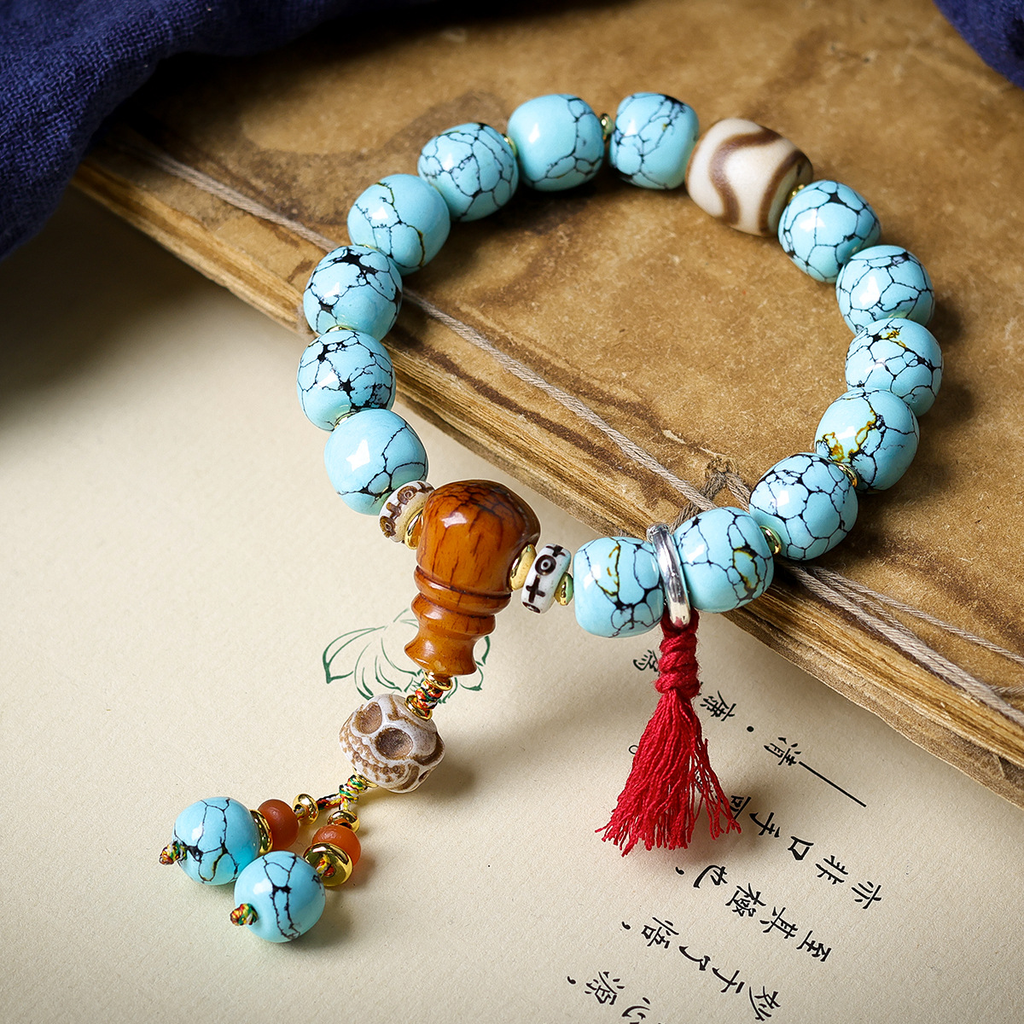 Vintage Tibetan Turquoise-Look Barrel Bead Bracelet | Dzi Agate & Skull Charm Tassel Unisex Ethnic Worry Bead Jewelry