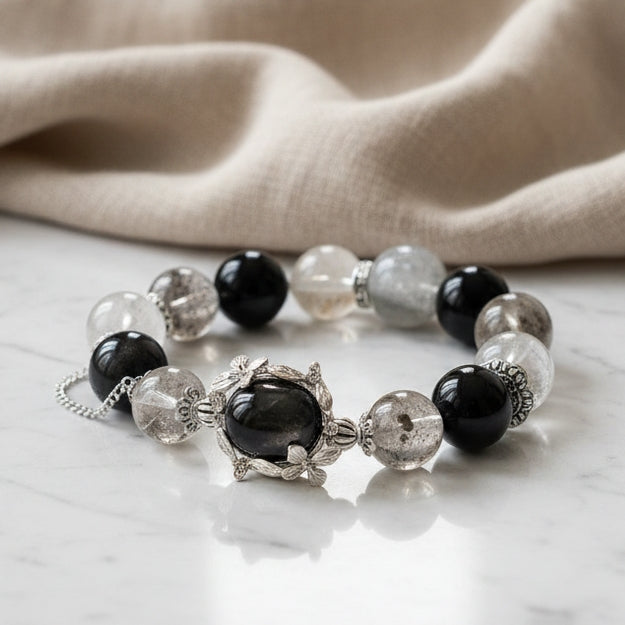 Dansenmonk Silver Sheen Obsidian  Blue Grey Rabbit Hair Quartz Bracelet  13mm Natural Crystal Beaded Bracelet  Dark Aesthetic Jewelry