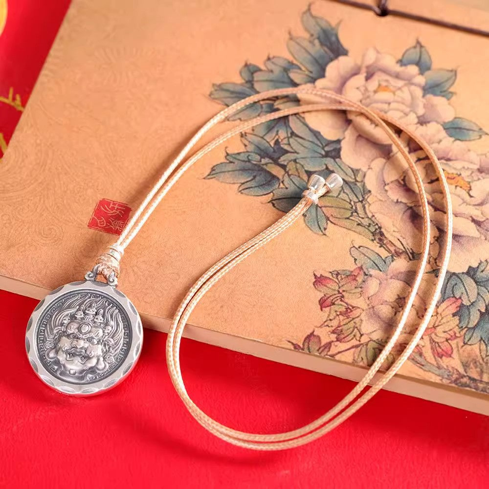 Tibetan Black Wealth God Rotating Mantra Pendant | Antique Silver Protection Amulet Necklace