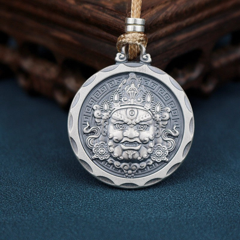 Tibetan Yellow Jambhala Rotating Mantra Pendant | Antiqued Silver-Plated Copper Wealth Amulet Necklace