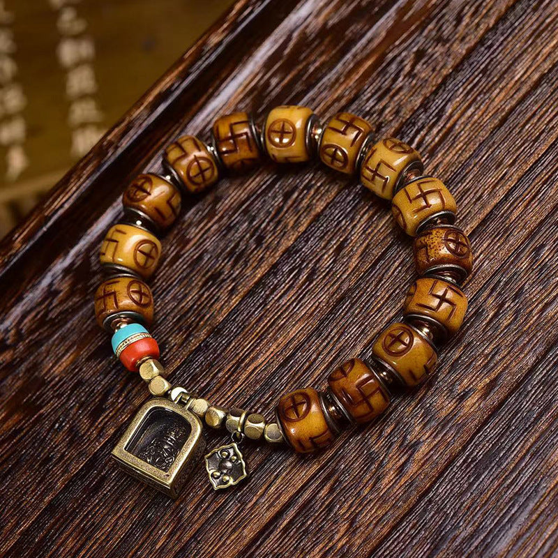 Tibetan Vintage Camel Bone Mala Bracelet, Carved Swastika Beads with Brass Gau Box Pendant, Retro Himalayan Prayer Bracelet