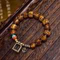 Tibetan Vintage Camel Bone Mala Bracelet, Carved Swastika Beads with Brass Gau Box Pendant, Retro Himalayan Prayer Bracelet