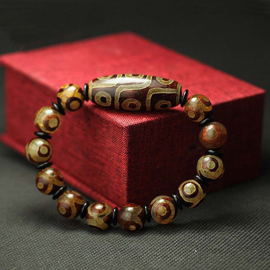 Vintage Tibetan Three-Eye Dzi Agate Bracelet | Antique Pattern Natural Agate Unisex Ethnic Worry Bead Jewelry