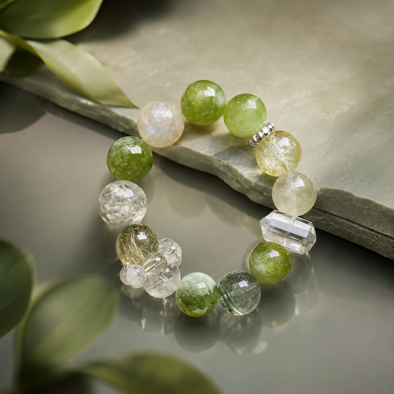 Dansenmonk Green Serpentine Jade Mixed Crystal Wealth Bracelet | Healing Manifestation Talisman