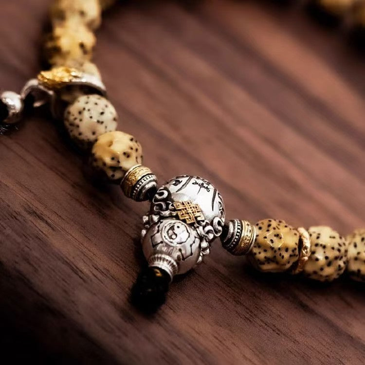 Taoist Fortune Gourd Guru Bead Set | Handcrafted Silver & Gold Tone Mala DIY Accessory for Bracelets