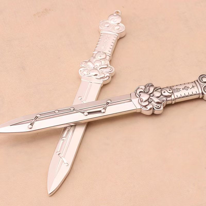 Taoist Seven Star Sword Pendant | Antiqued Silver-Plated Copper Protective Amulet for Keychains & Decor